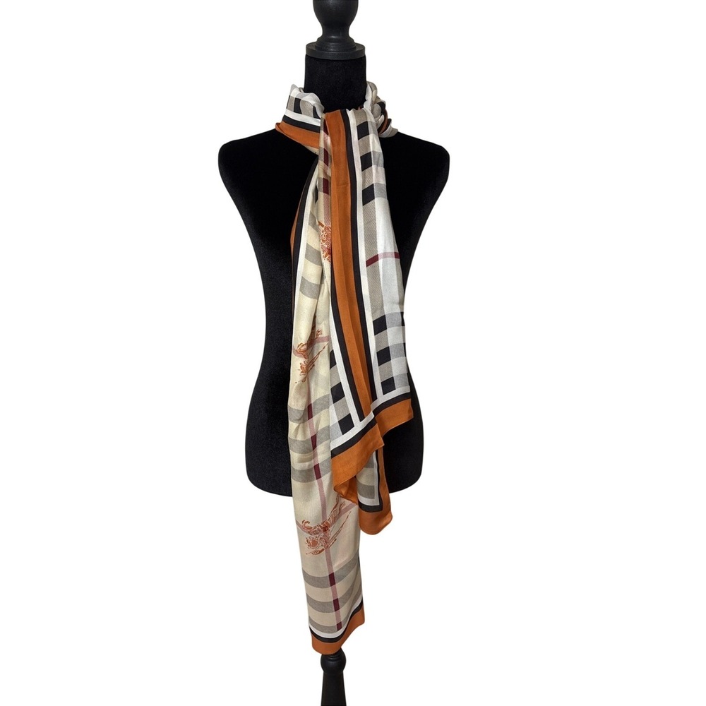 Burberry Silk Scarf Nova Check Knight Print Orange Trim Made in Italy Luxury - Picture 3 of 5
